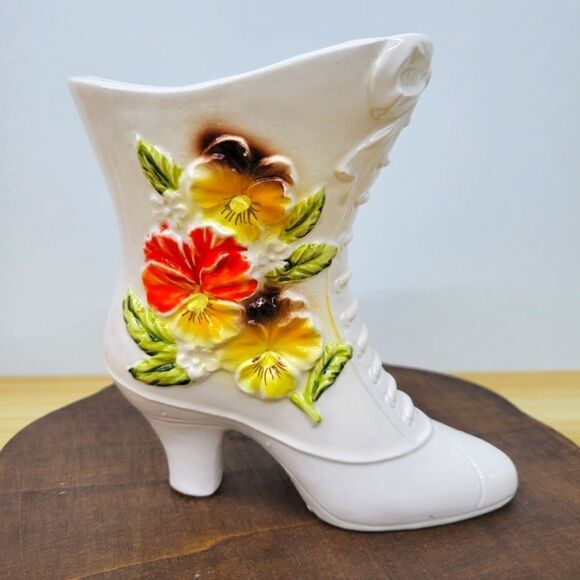 Vintage 1960's Napco Ivory Boot Vase Victorian Style Yellow & Orange Floral Vase - Picture 2 of 15